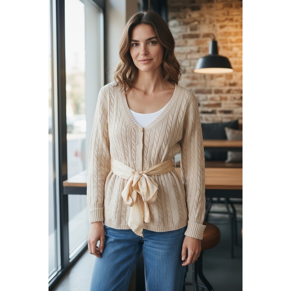 Boston Proper Cardigan Sweater Cotton‎ Cashmere Angora Boho Ethereal Fairy M Bow